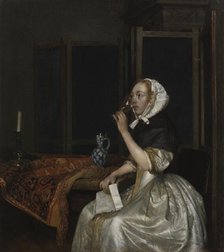 Young woman with a glass of wine, holding a letter in her hand, c1665. Creator: Gerard Terborch II.