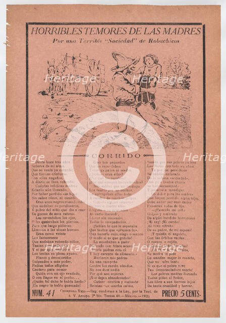 Broadsheet relating to a fear of kidnappers, a kidnapper grabbing a child ..., ca. 1920 (published). Creator: José Guadalupe Posada.