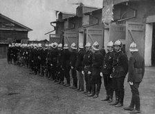 The fire brigade of the voluntary fire society near its building on Arsenalnaya Street, 1908. Creator: Unknown.
