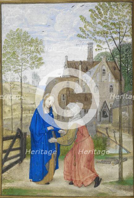 Office of Lauds: The Visitation. Mary and Elizabeth in the garden of a country house, 1485-1490. Creator: Unknown.