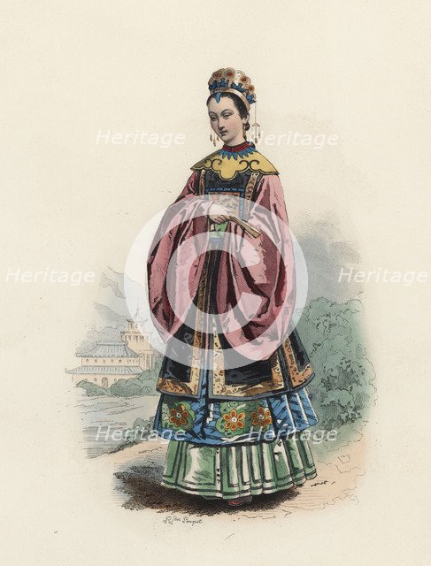 Wife of a Mandarin Chinese man, in the modern age, color engraving 1870.