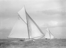 'Ostara' and 'Sophie Elizabeth' racing downwind, 1911. Creator: Kirk & Sons of Cowes.