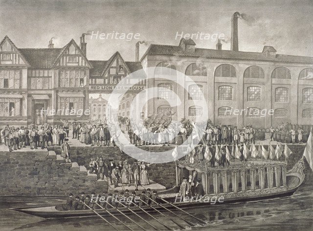 The Lord Mayor departing for Westminster, St Katherine's Way, London, 1703 (c1850(?)). Artist: Anon