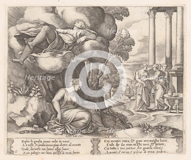 Plate 6: Zephyr carrying Psyche to an enchanted palace, from the Story of Cupid and Psy..., 1530-60. Creator: Master of the Die.