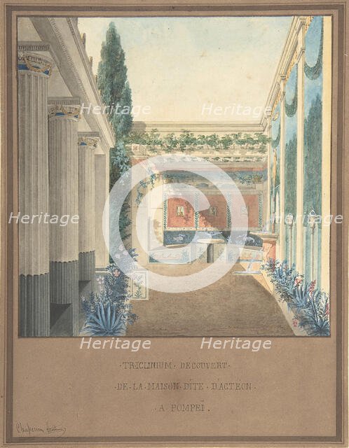 Triclinium, Excavated in the House of Actaeon, Pompeii, ca. 1824. Creator: Charles Frederic Chasseriau.