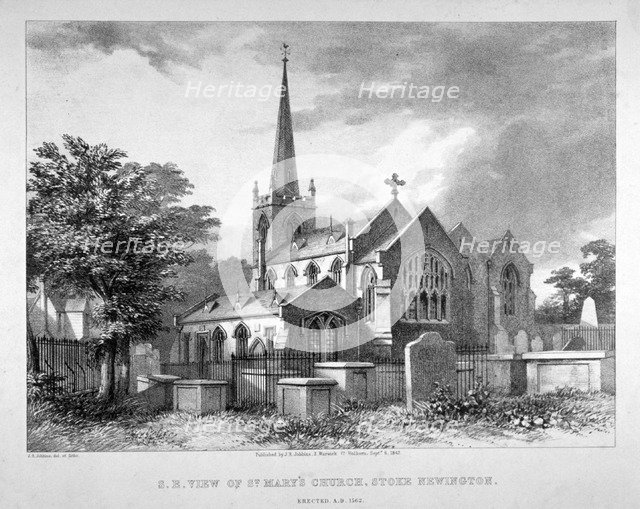 South-east view of St Mary's Church, Stoke Newington, London, 1842.         Artist: JR Jobbins