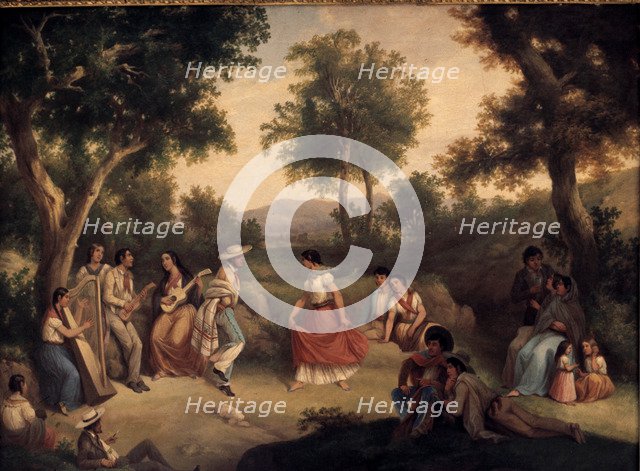  'Jarabe Tapatio', traditional dance of courtship, oil by Manuel J. Serrano.