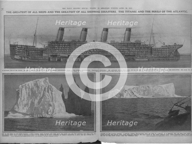 Sectional diagram of the 'Titanic', and icebergs, April 20, 1912. Creator: Unknown.