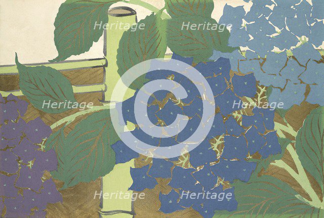 Ajisai, from Momoyo-gusa (The World of Things) Vol II, pub.1909 (colour block woodcut)