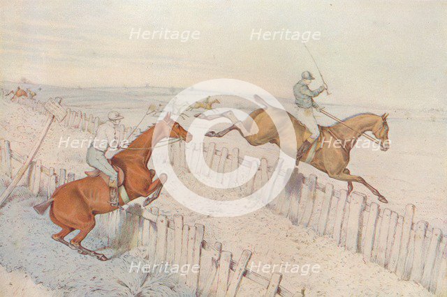 A Steeplechase: Going over an old blind roadway, and doing it well: even betting, 1827. Artist: Henry Thomas Alken