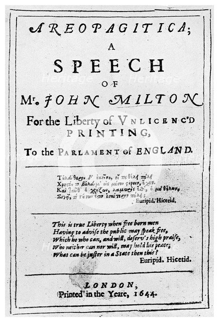 Freedom of the press: title page from the Areopagitica by John Milton, 1644 (1956). Artist: Unknown