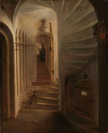 Portal of a stairway tower, with a man descending the stairs: presumably the moment..., 1640-1664. Creator: Egbert van der Poel.