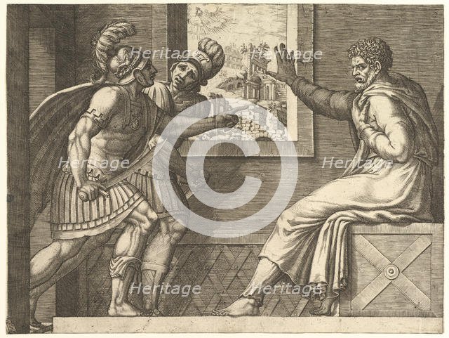 Caius Marius in Prison, two Cimbrian soldiers entering his cell, 1560-69. Creator: Giorgio Ghisi.