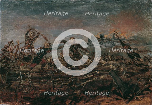 Dance of death on the battlefield in front of burning ruins, 1882-1885. Creator: Romako, Anton (1832-1889).