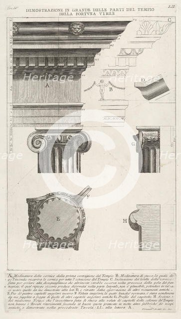 Cornice and column from the Temple of Fortuna Virilis (Tempio della Fortuna Virile), from ..., 1756. Creator: Giovanni Battista Piranesi.