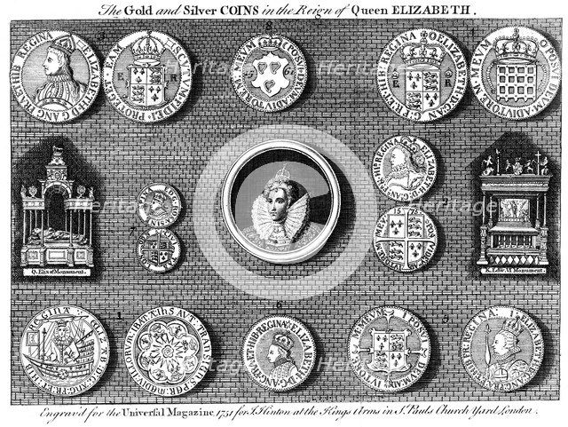 The gold and silver coins in the reign of Queen Elizabeth, 1751. Artist: Eldridge