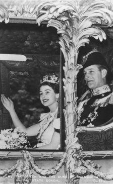 Queen Elizabeth II and Duke of Edinburgh in the State Coach, The Coronation, 2nd June 1953. Artist: Unknown