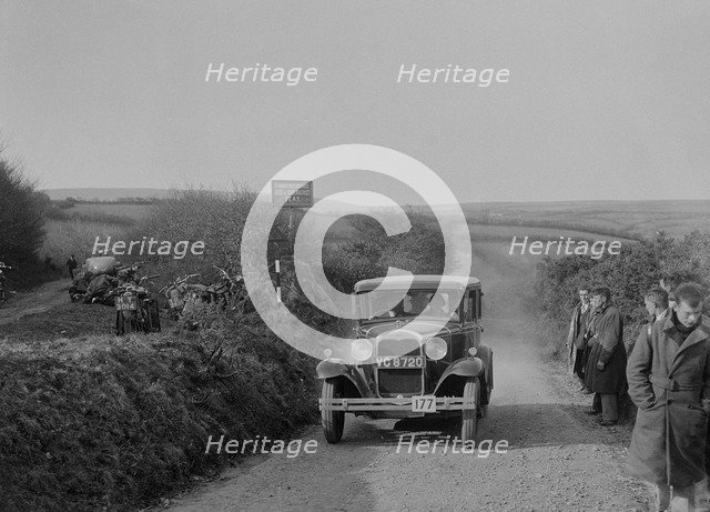 Ford Model A saloon of ASR Payne, MCC Lands End Trial, summit of Beggars Roost, Devon, 1933. Artist: Bill Brunell.