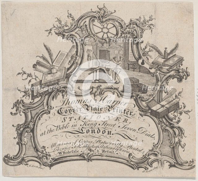 Trade Card for Thomas Harper, Copper Plate Printer and Stationer, 18th century. Creator: Anon.