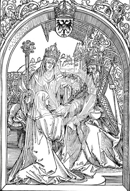 'Hrotsvitha Presenting Her Book to the Emperor Otto I', 1501 (1906). Artist: Albrecht Durer.
