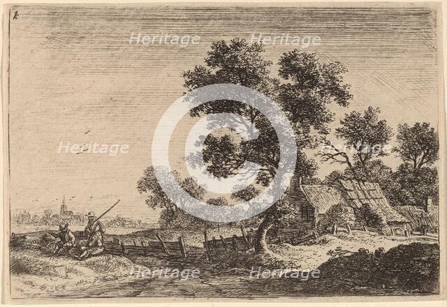 Three Peasants on a Knoll outside a Hamlet. Creator: Anthonie Waterloo.