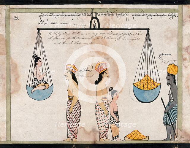 King Sanjaya redeems the children of Vessantara, paying to the brahmin the weight of the..., 1815. Creator: Unknown.