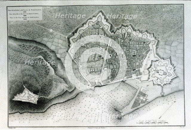 Map of the city of Barcelona, port and Montjuic mountain, engraving by Alexander Laborde, 1808, f…