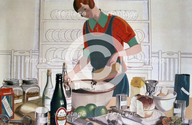 Making the Empire Christmas Pudding, c. 1920'S  (colour lithograph) Artist: FC Harrison.