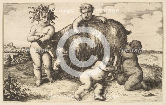 Four boys, a young satyr, and a goat (copy in reverse), 17th century (?). Creator: Wenceslaus Hollar.