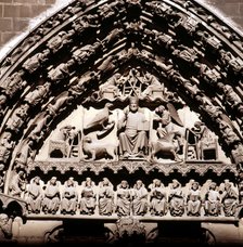 Detail of the Sculptures in the tympanum of the Sarmental door of the cathedral of Burgos, it hig…