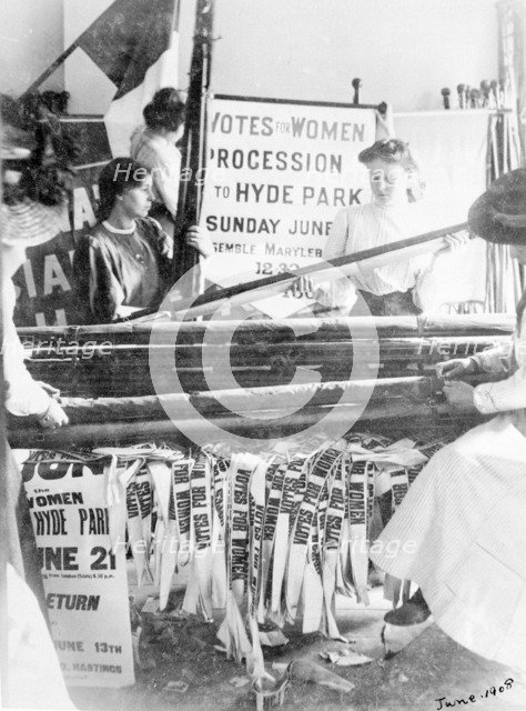 Preparing banners for Women's Sunday, London, 21 June 1908. Artist: Unknown