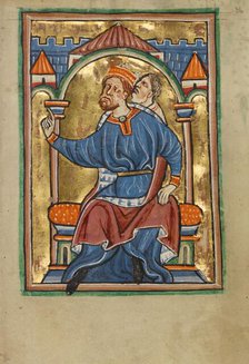 Herod Enthroned; Illustrated Vita Christi, with devotional..., about 1190-1200 & about 1480-90. Creator: Unknown.