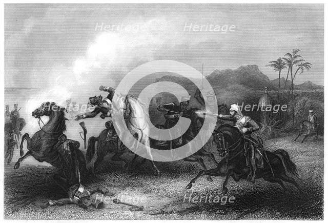 'Encounter between Lieutenant Hills and a body of Sepoy cavalry', 1857, (c1860). Artist: Unknown