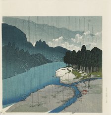 Woodblock print - 'Rain at Okutama River', 1988. Artist: Hasui Kawase.