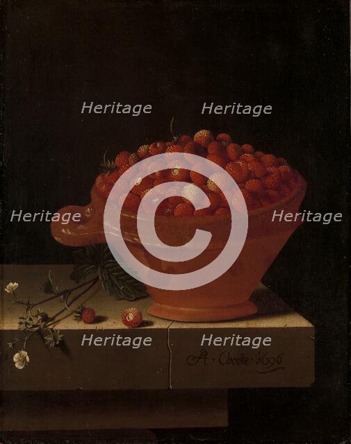 A Bowl of Strawberries on a Stone Plinth, 1696. Creator: Adriaen Coorte.