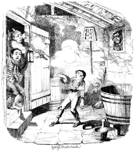 A man shoots a young boy who he suspects of stealing, 19th century.Artist: George Cruikshank