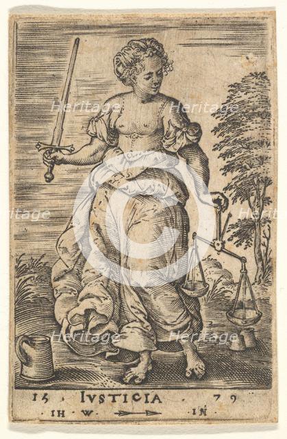 Justice, an allegorical figure holding a balance in her left hand and a sword in her right..., 1579. Creator: Jan Wierix.