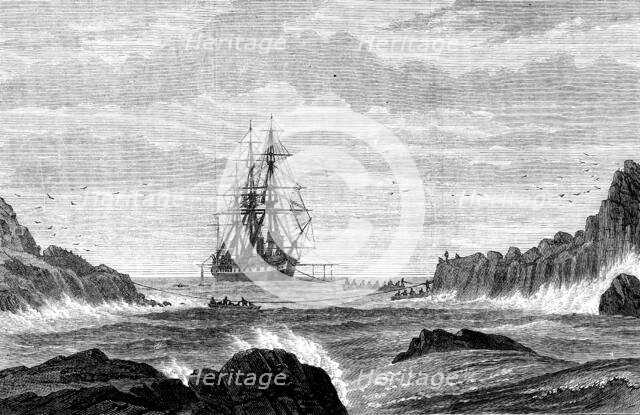 The Voyage of H.M.S. Challenger: the Challenger made fast to St. Paul's Rocks, 1873. Creator: Unknown.