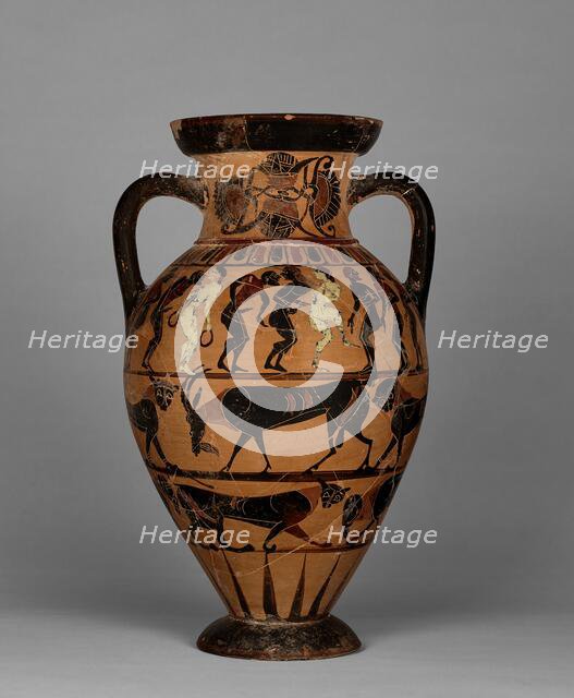 Neck amphora with (A) nude men and women, and (B) man and woman between sphinxes, 565-550 BC. Creator: Timiades Painter.