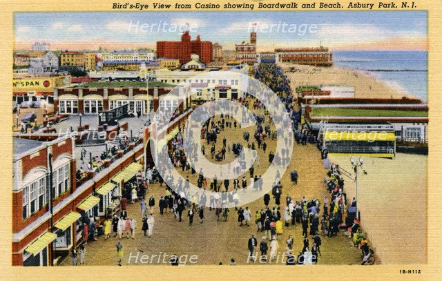 View from the casino showing the boardwalk and beach, Asbury Park, New Jersey, USA, 1941. Artist: Unknown