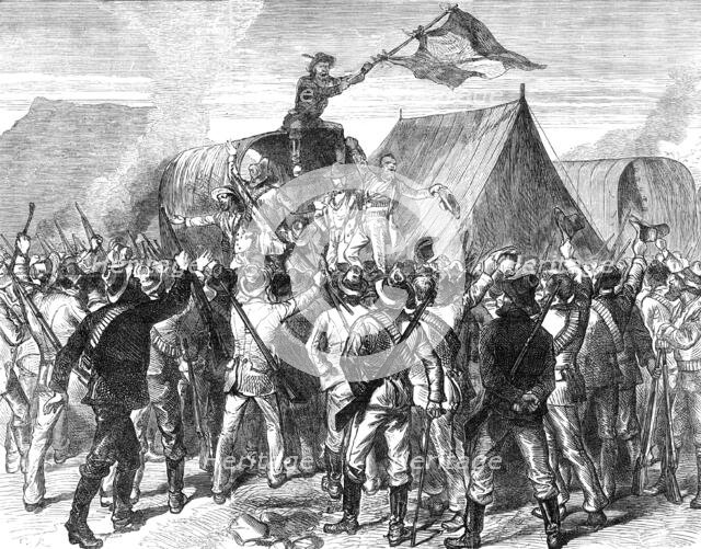 Transvaal War: hoisting the Republican flag in the Boer camp after the declaration of peace, 1881. Creator: C. R..
