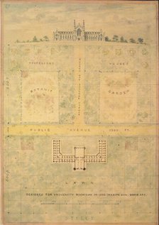 Design for University of Michigan (elevation and plan of building and grounds), ca. 1838. Creator: Alexander Jackson Davis.