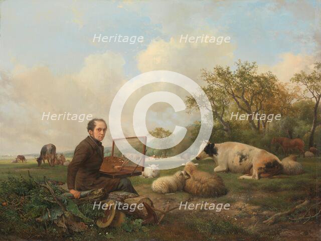 The Artist Painting a Cow in a Meadow, 1850. Creator: Hendrik van de Sande Bakhuyzen.