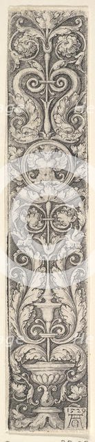 Vertical Panel with a Candelabrum Containing a Medallion with a Centaur and a Pair of Dolp..., 1529. Creator: Heinrich Aldegrever.