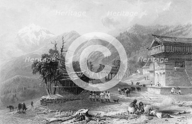 'The Village of Khandoo, Himalaya Mountains', 1845. Creator: William Purser.