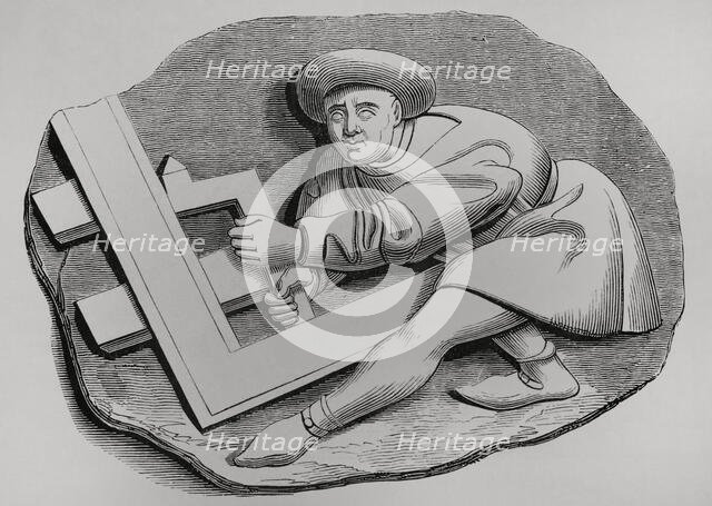 Carpenter's apprentice working with a large square, 1457-1470, (1878).  Creator: Unknown.