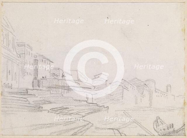 Buildings along a Riverside [verso], probably c. 1754/1765. Creator: Hubert Robert.