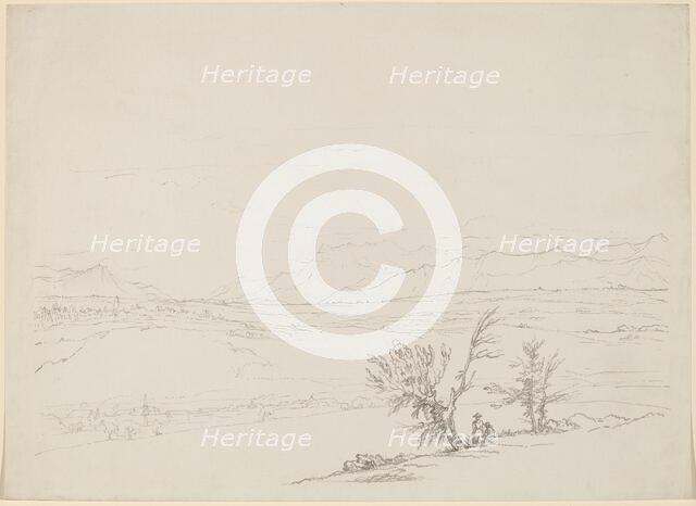 An Alpine Landscape with a Couple Seated by Trees Overlooking a Valley, 1760/1763. Creator: Benjamin West.