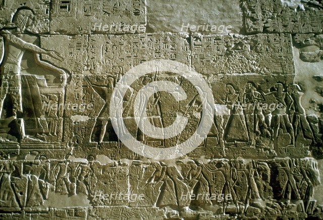 Relief of Rameses III receiving tribute, Mortuary Temple, Medinat Habu, Egypt, c12th centuryBC. Artist: Unknown