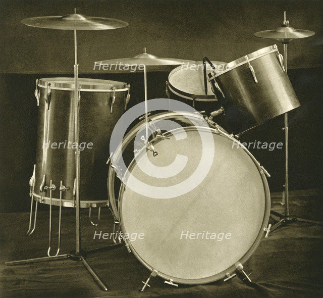 'A set of percussion instruments (drums and cymbals) of Czechslovak manufacture', 1948. Artist: Unknown.